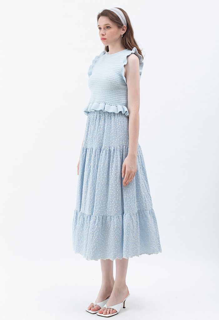 Embroidered Floret Frilling Cotton Skirt in Light Blue