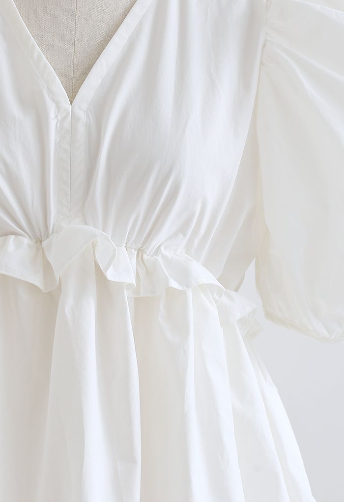 High Ruffle Waist V-Neck Bubble Sleeve Top in White