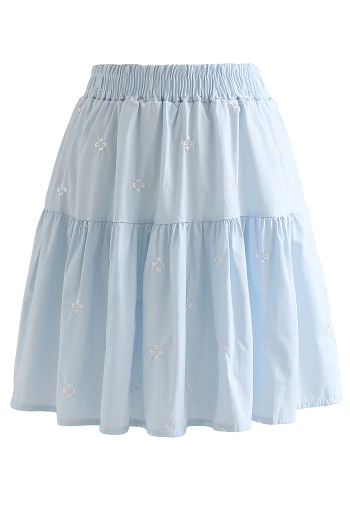 Clover Embroidered Frilling Mini Skirt in Baby Blue