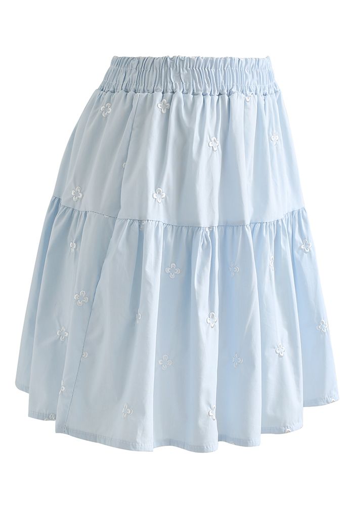 Clover Embroidered Frilling Mini Skirt in Baby Blue