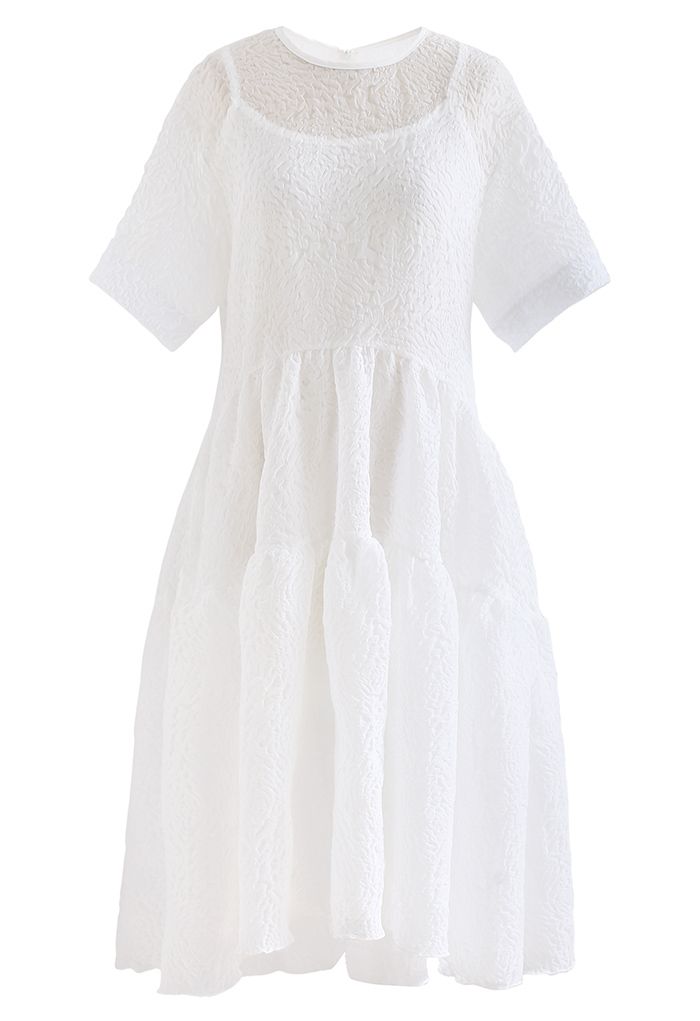 Frilling Embossed Glittery Sheer Dolly Dress in White