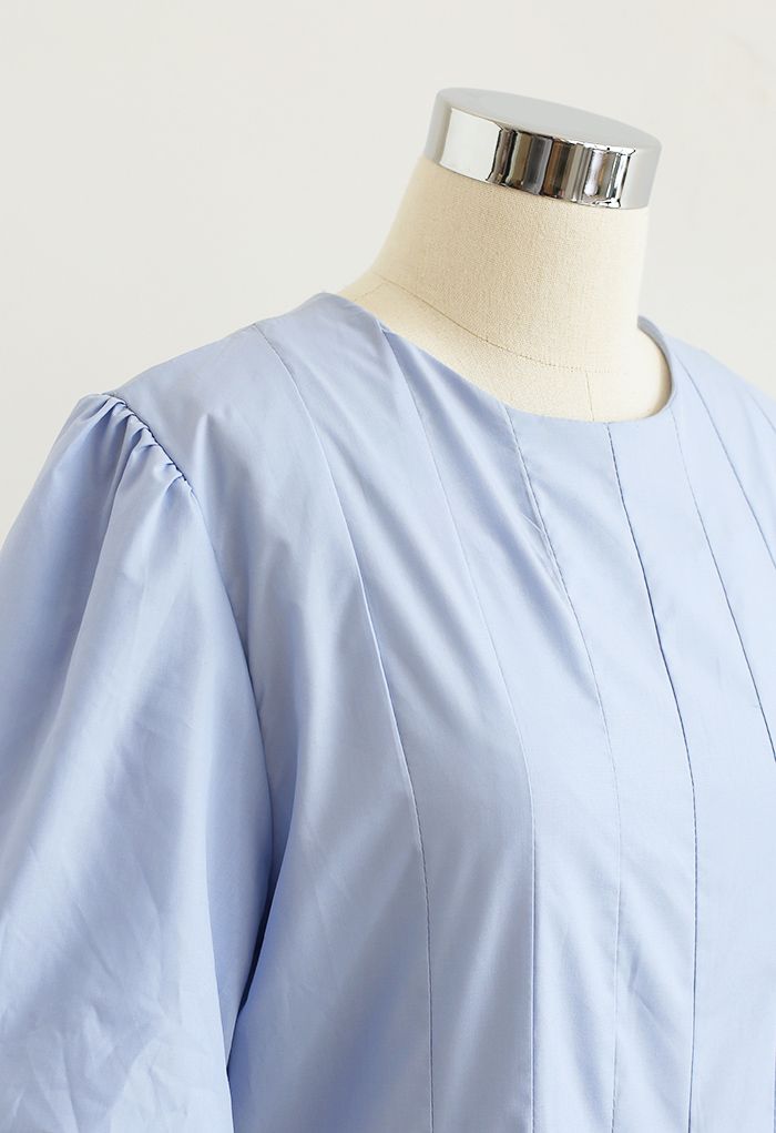 Puff Short Sleeve Pleated Midi Dress in Blue