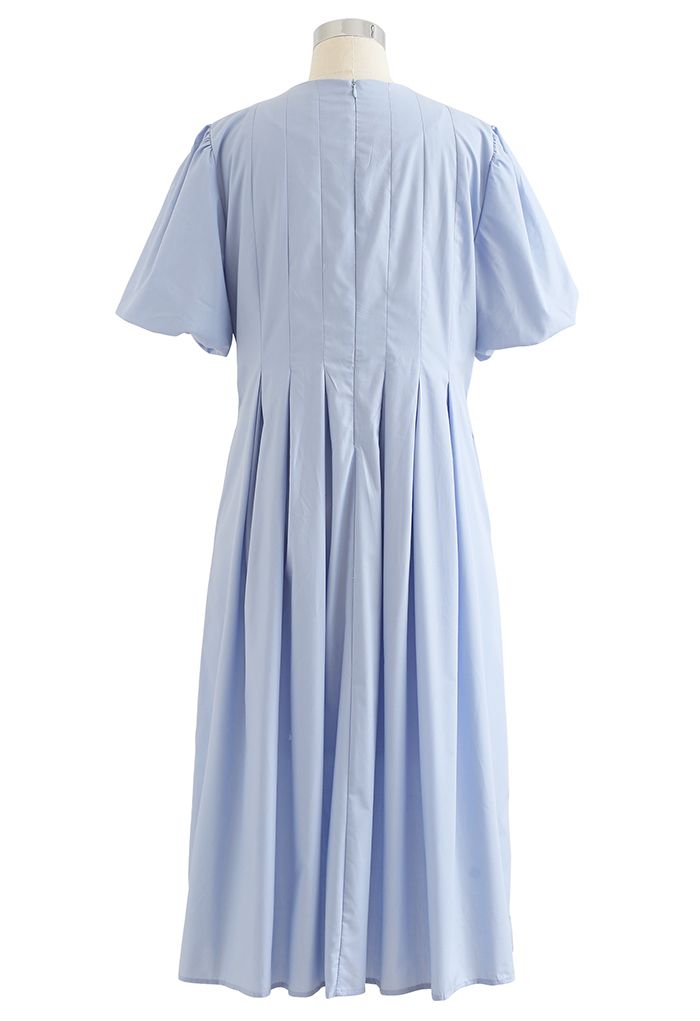 Puff Short Sleeve Pleated Midi Dress in Blue