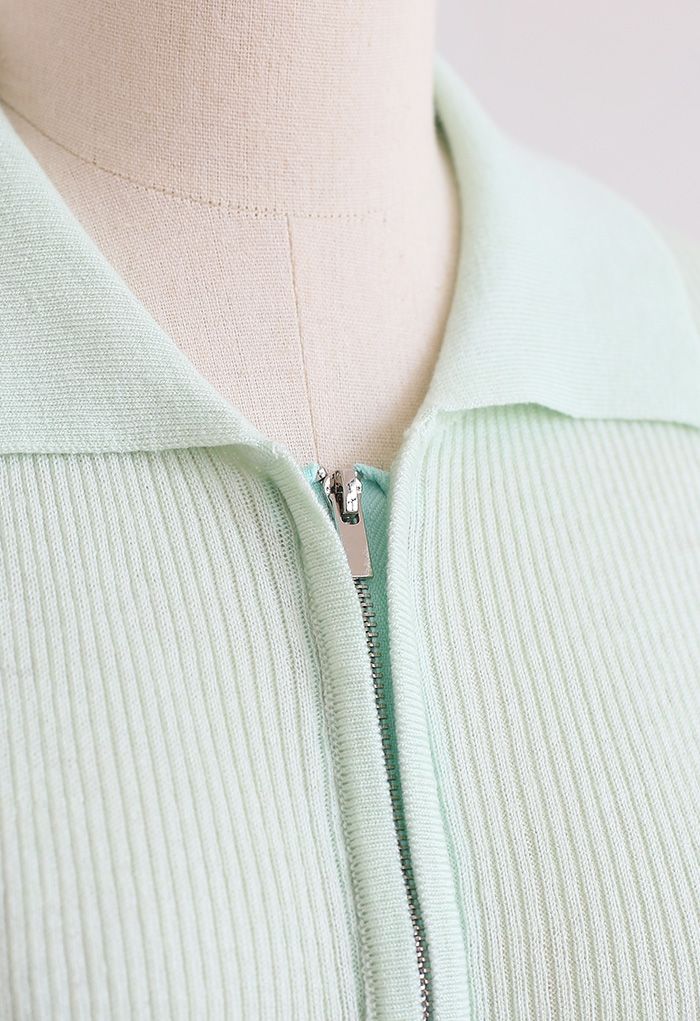 Double Zippers Short Sleeve Rib Knit Cardigan in Light Green