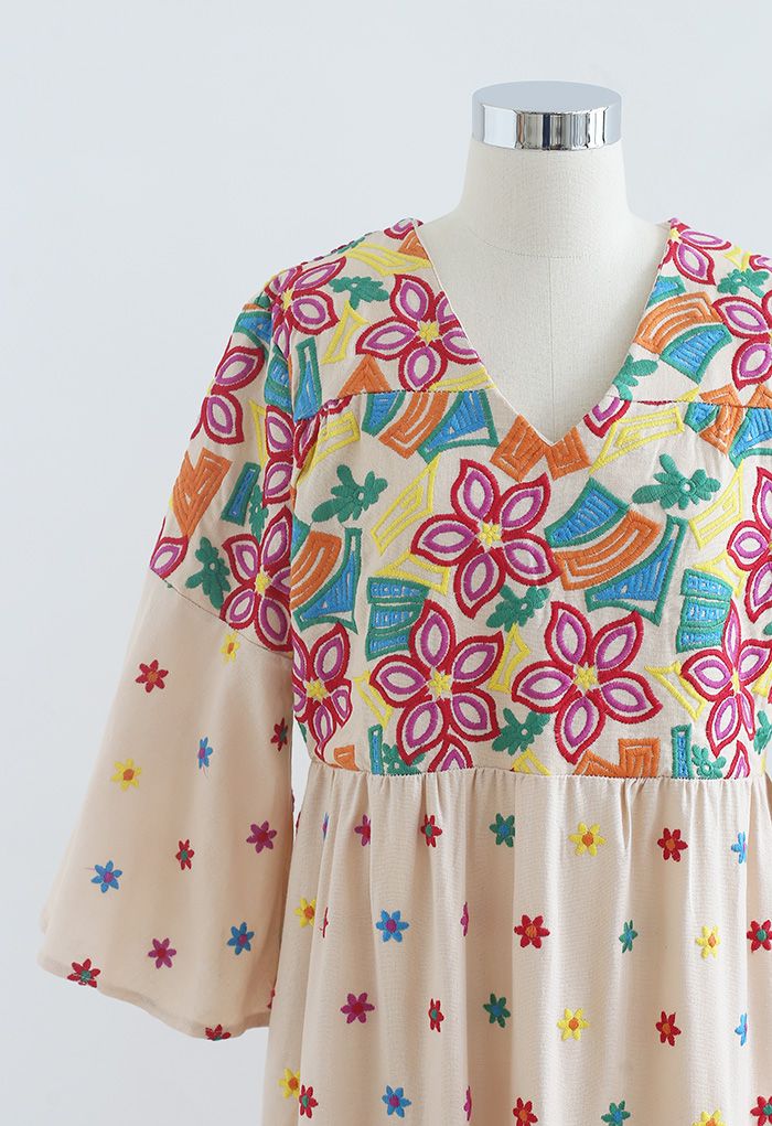 Vivid Floral Embroidered Flounced Cuffs Maxi Dress