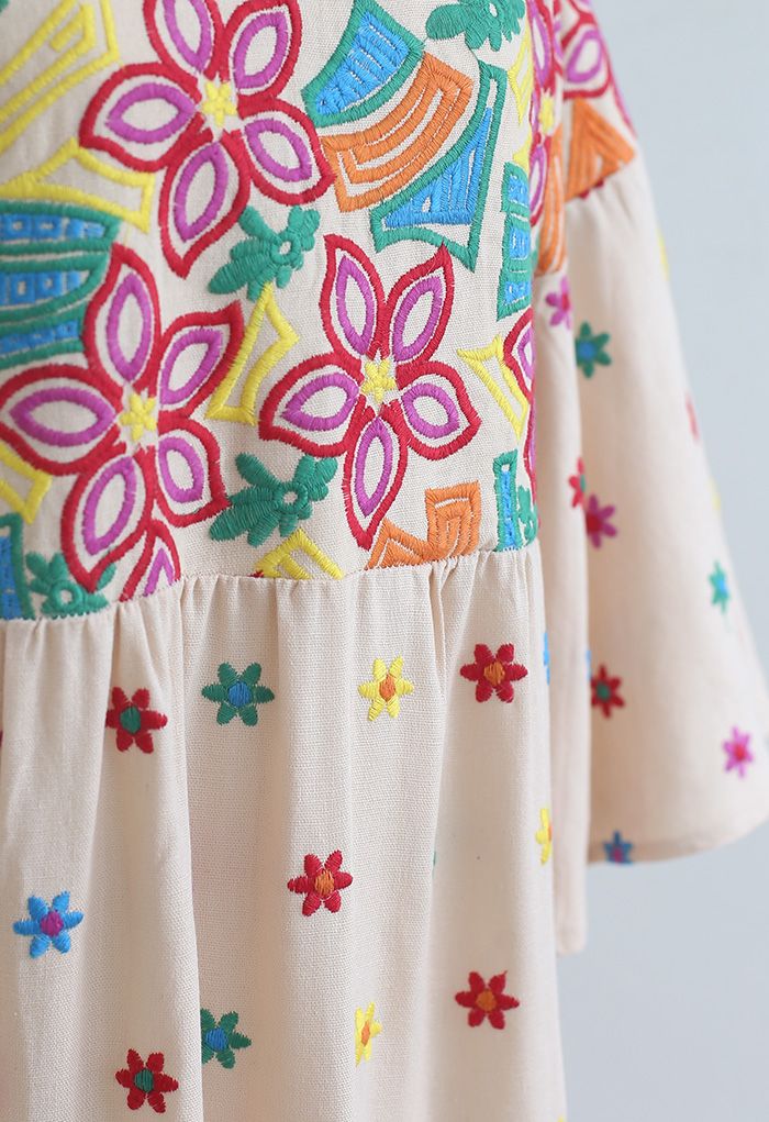 Vivid Floral Embroidered Flounced Cuffs Maxi Dress