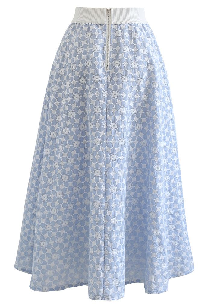 Embroidered Daisy Midi Skirt in Light Blue - Retro, Indie and Unique ...