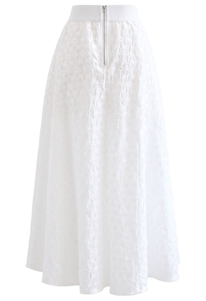 Embroidered Daisy Midi Skirt in White