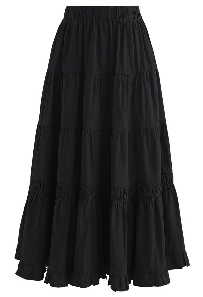 Solid Color Frilling Cotton Midi Skirt in Black