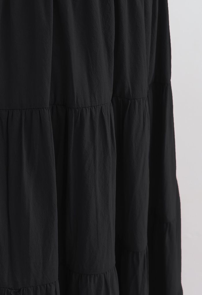 Solid Color Frilling Cotton Midi Skirt in Black