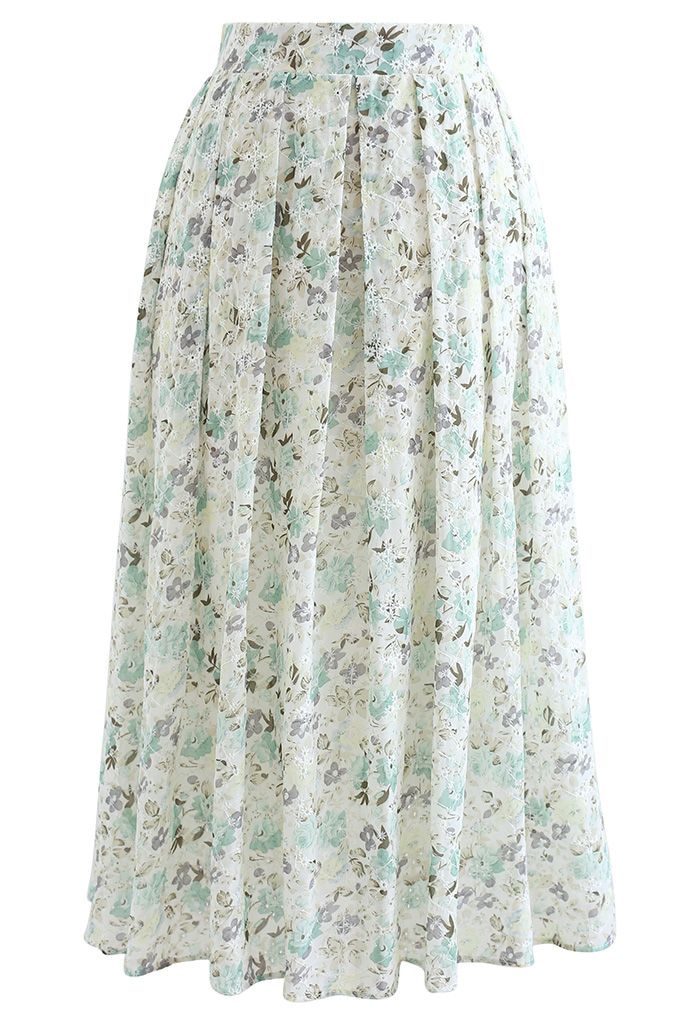 Minty Floral Print Embroidered Eyelet Pleated Skirt