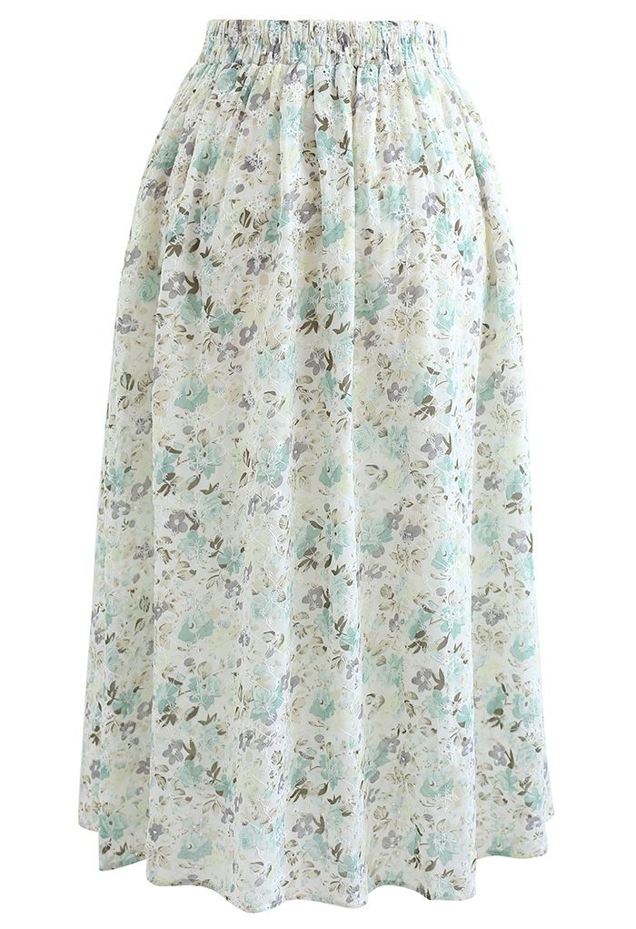 Minty Floral Print Embroidered Eyelet Pleated Skirt