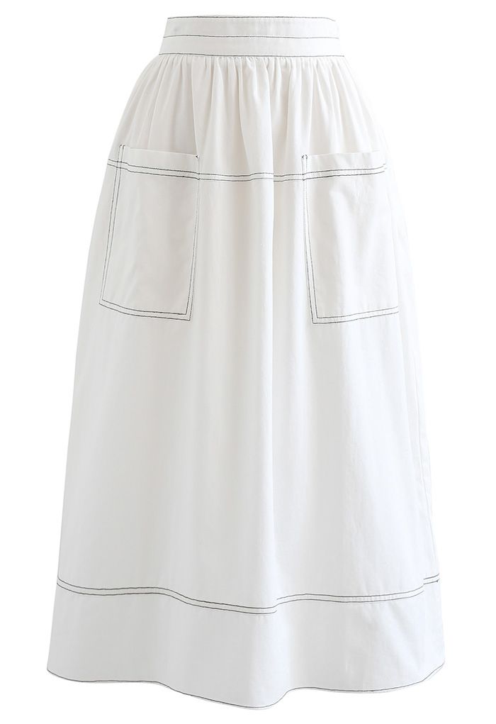Contrast Line Patched Pocket Midi Skirt in White