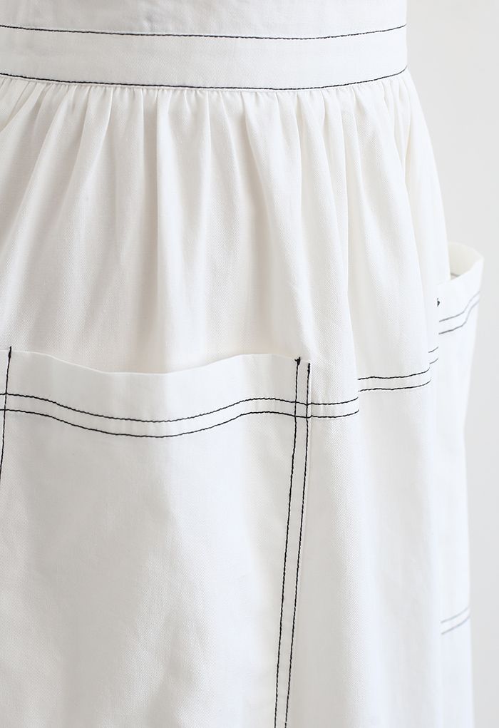 Contrast Line Patched Pocket Midi Skirt in White