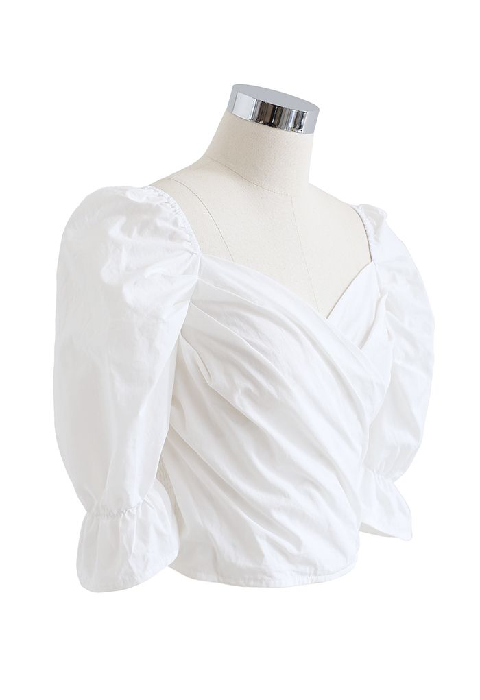 Wrap Front Shirred Crop Top in White