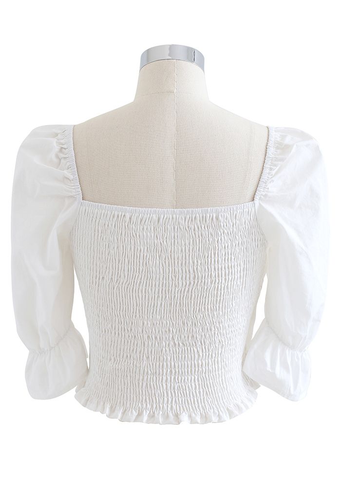 Wrap Front Shirred Crop Top in White