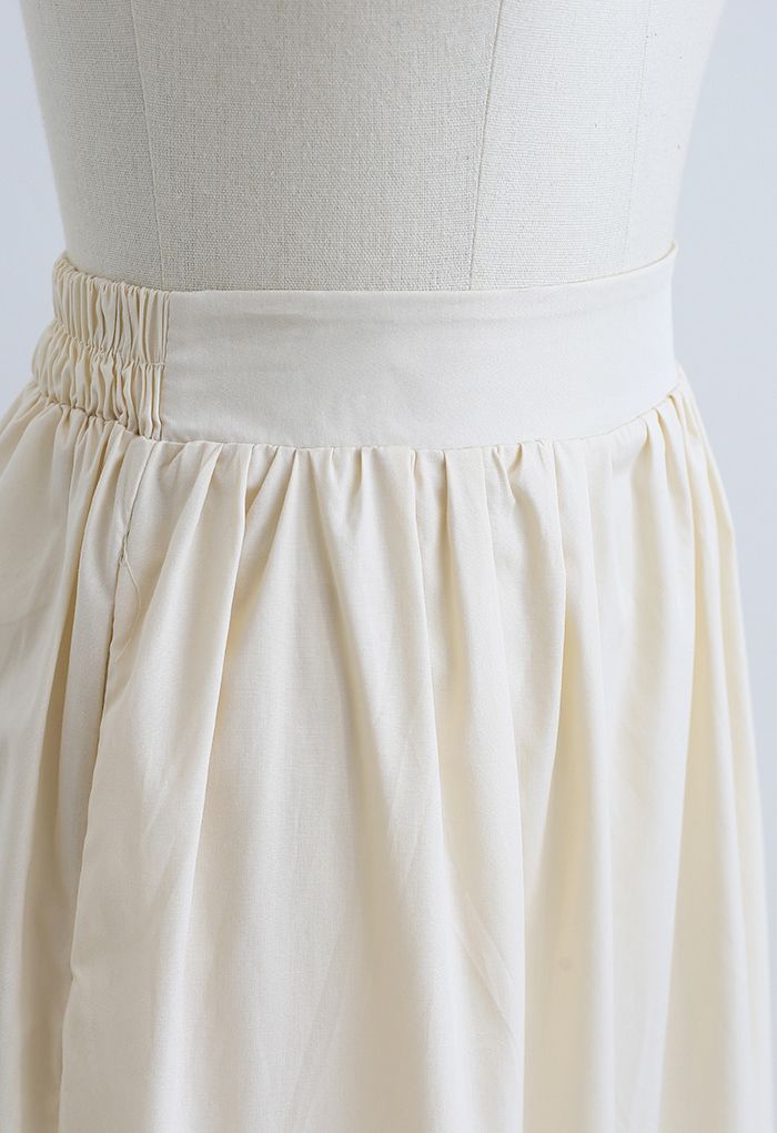 Pintuck Detail Decorated Midi Skirt in Cream