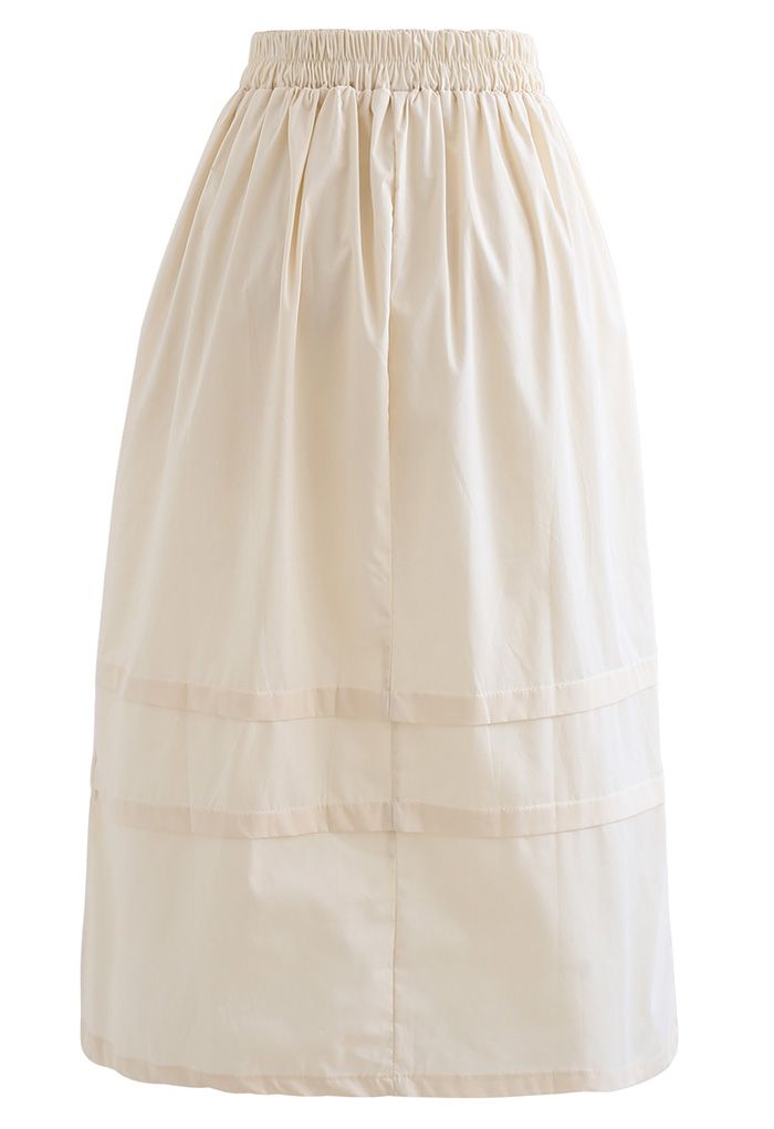 Pintuck Detail Decorated Midi Skirt in Cream