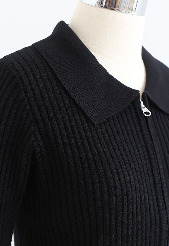 Collared Zipper Rib Knit Crop Top in Black