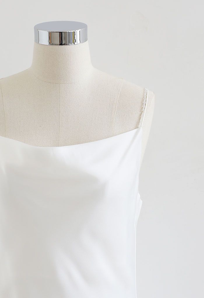 Draped Neck Self-Tie Satin Cami Dress in White