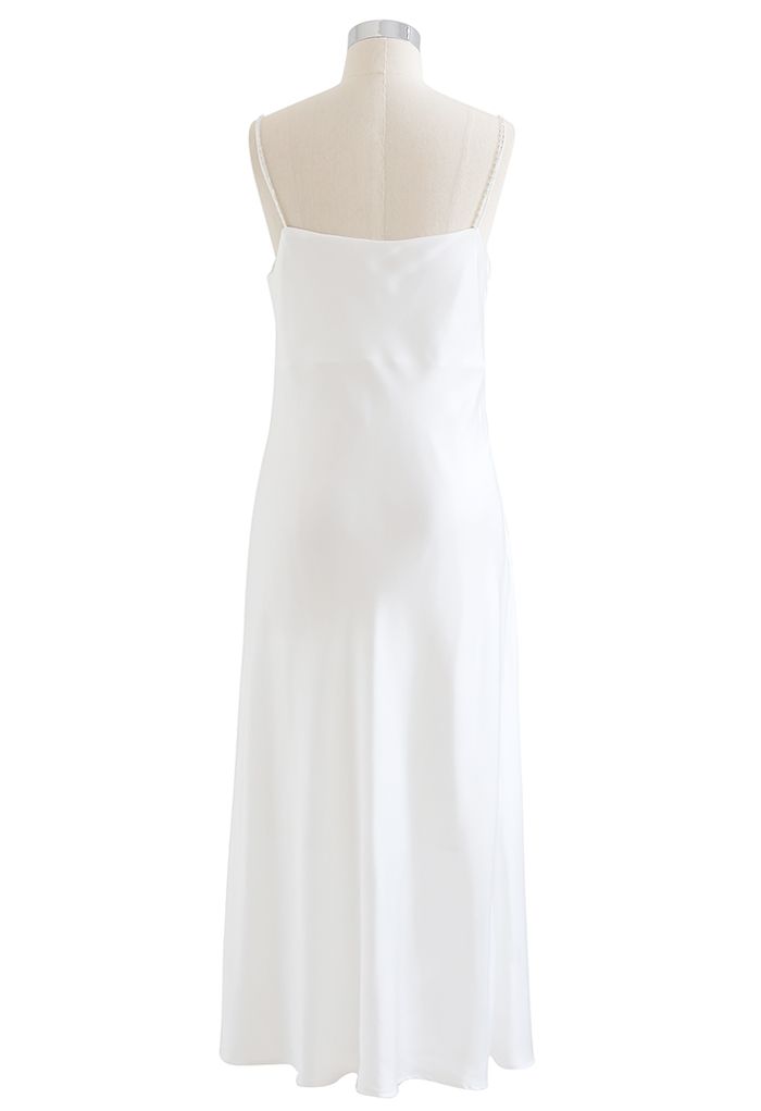 Draped Neck Self-Tie Satin Cami Dress in White