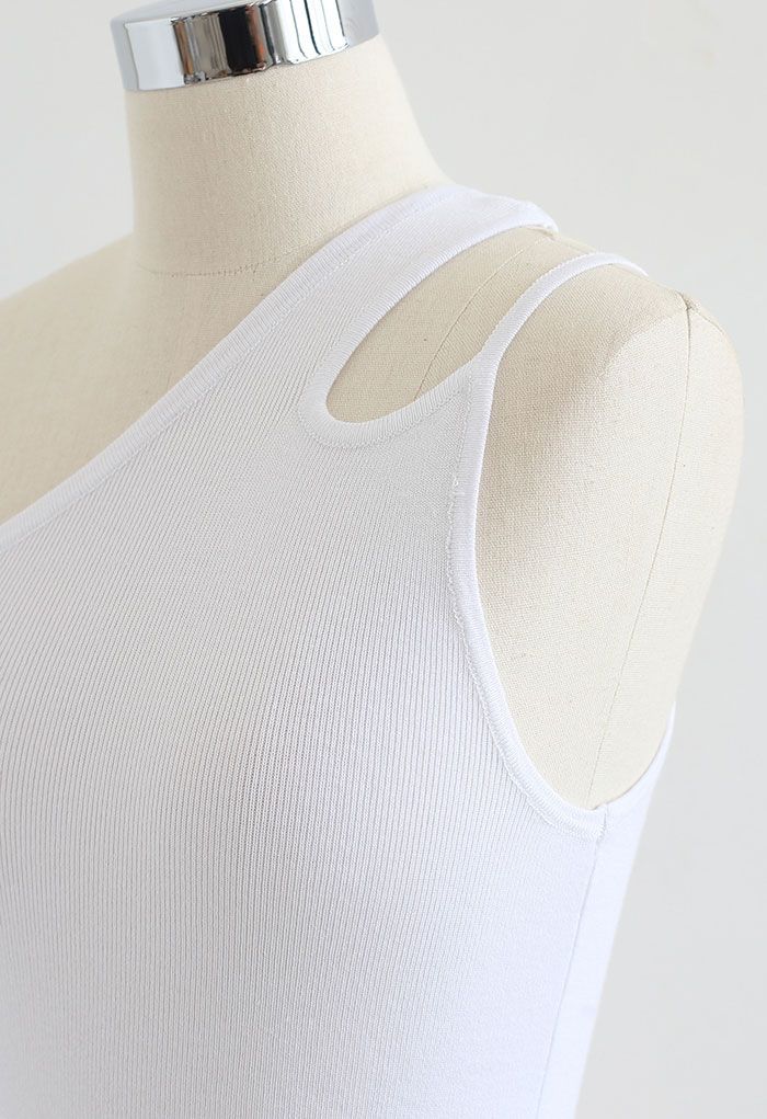 Dual Strap One-Shoulder Crop Knit Top in White