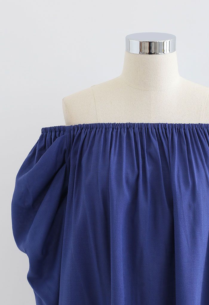 Frilling Bubble Sleeve Off-Shoulder Top in Blue