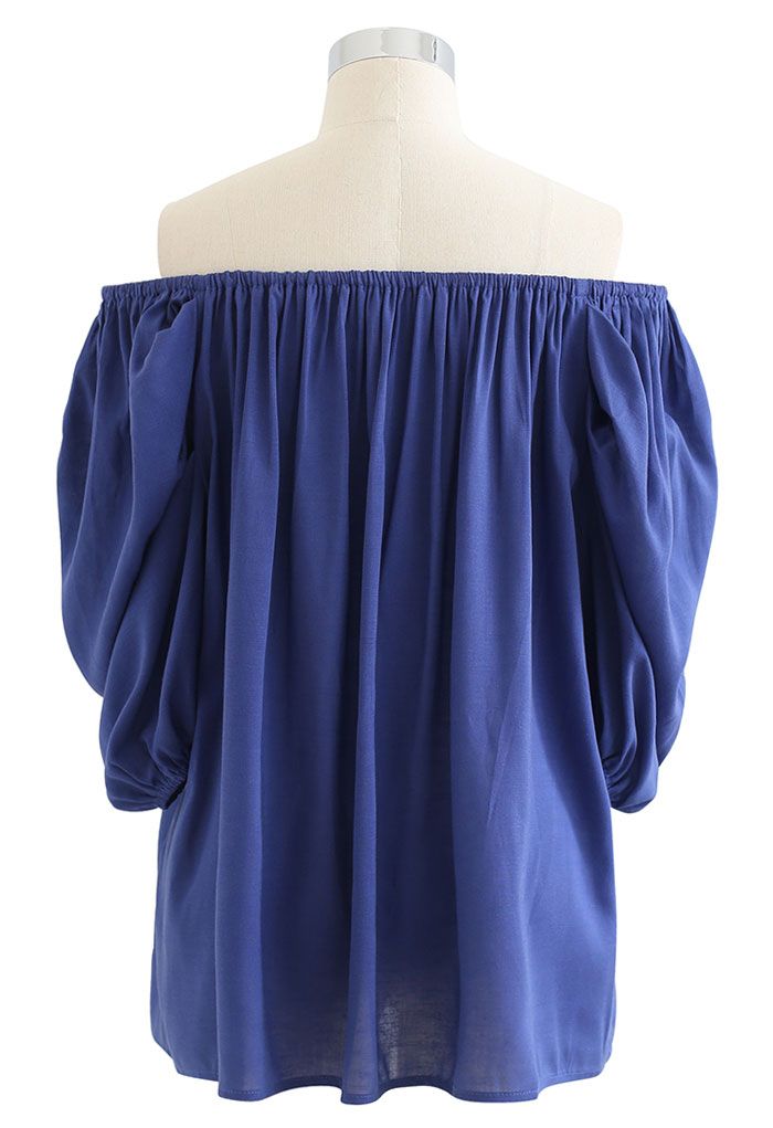 Frilling Bubble Sleeve Off-Shoulder Top in Blue