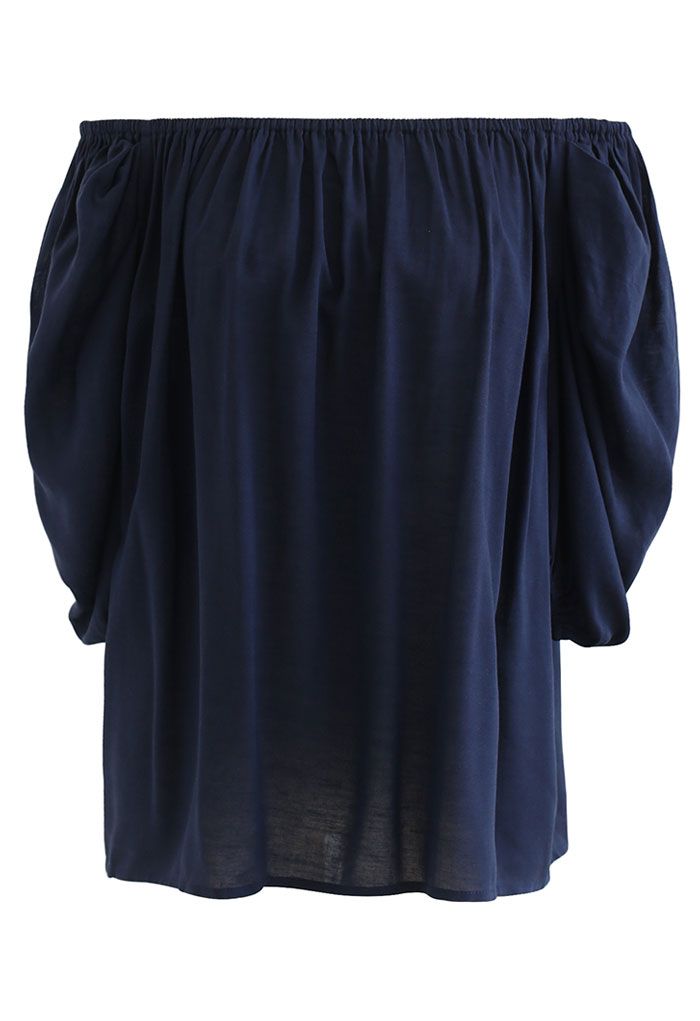 Frilling Bubble Sleeve Off-Shoulder Top in Navy