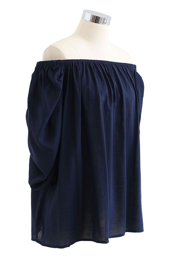 Frilling Bubble Sleeve Off-Shoulder Top in Navy