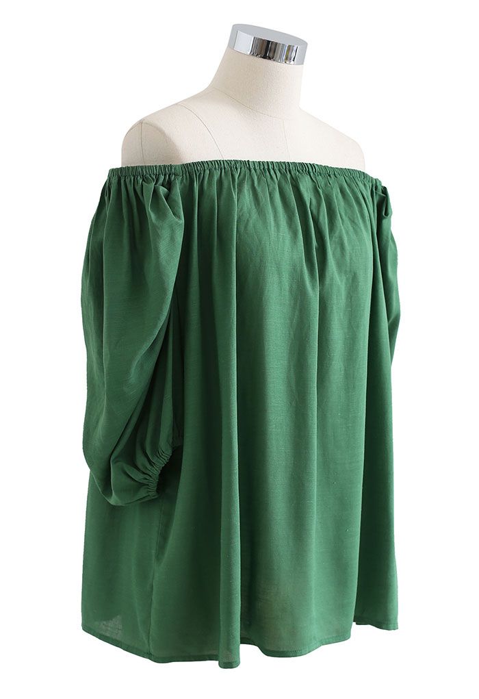 Frilling Bubble Sleeve Off-Shoulder Top in Green