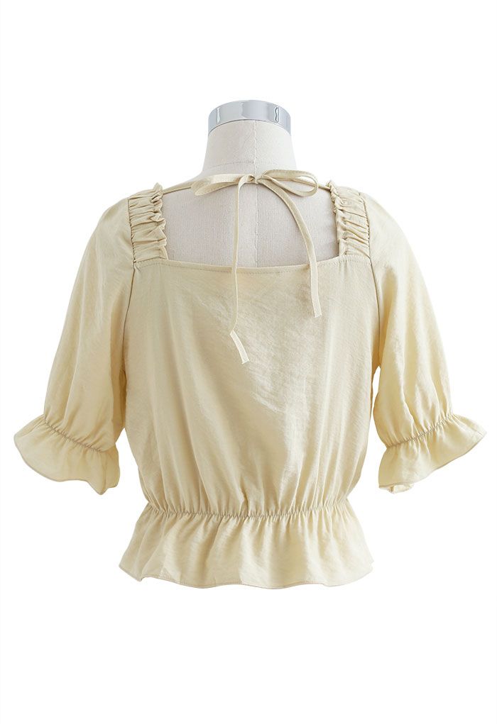 Square Neck Button Trim Crop Top in Light Yellow