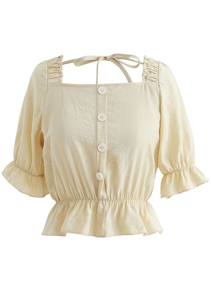 Square Neck Button Trim Crop Top in Light Yellow
