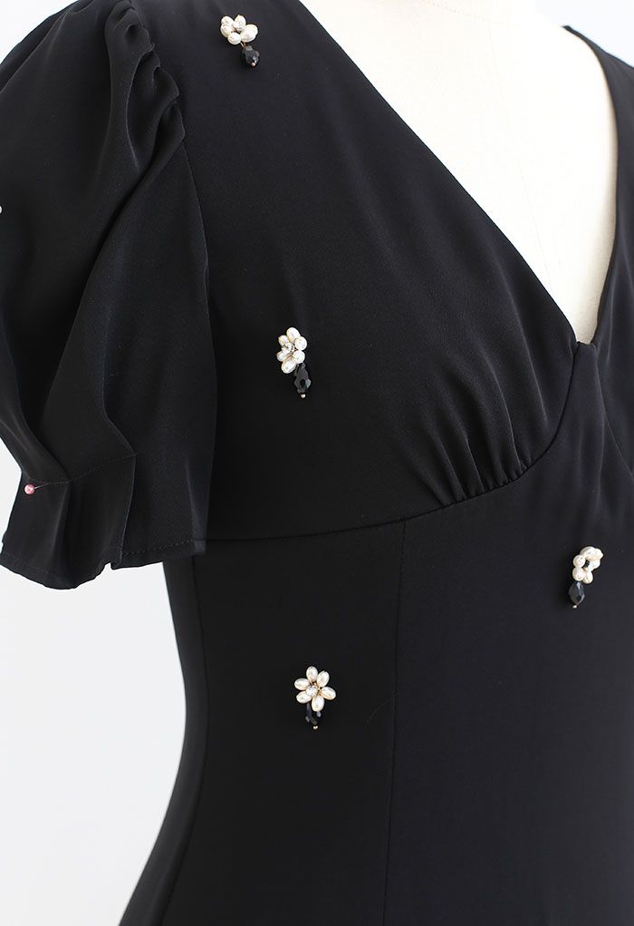 Crystal Embellished Frilling Dress in Black