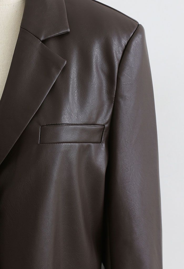 Faux Leather Pad Shoulder Crop Blazer in Brown