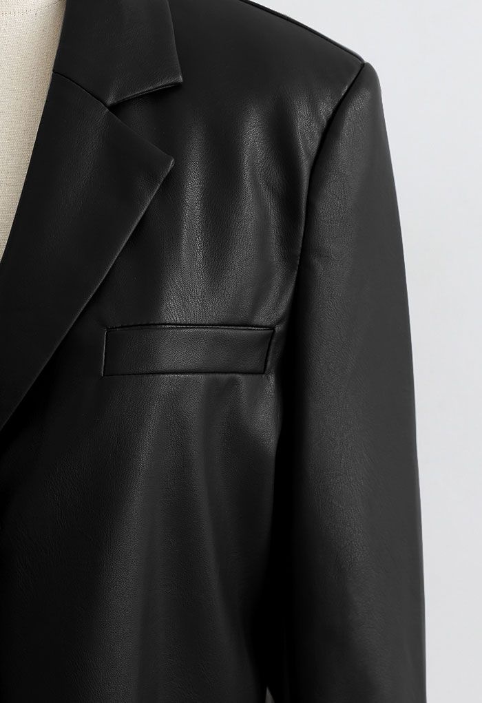 Faux Leather Pad Shoulder Crop Blazer in Black