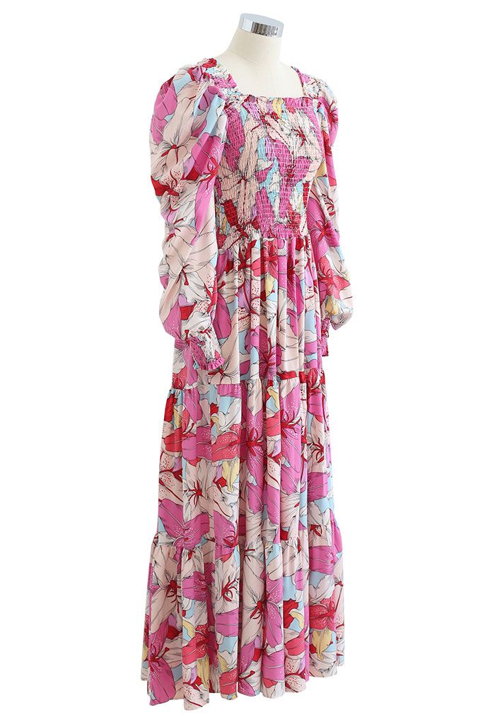 Lily Print Bubble Sleeve Maxi Dress in Pink