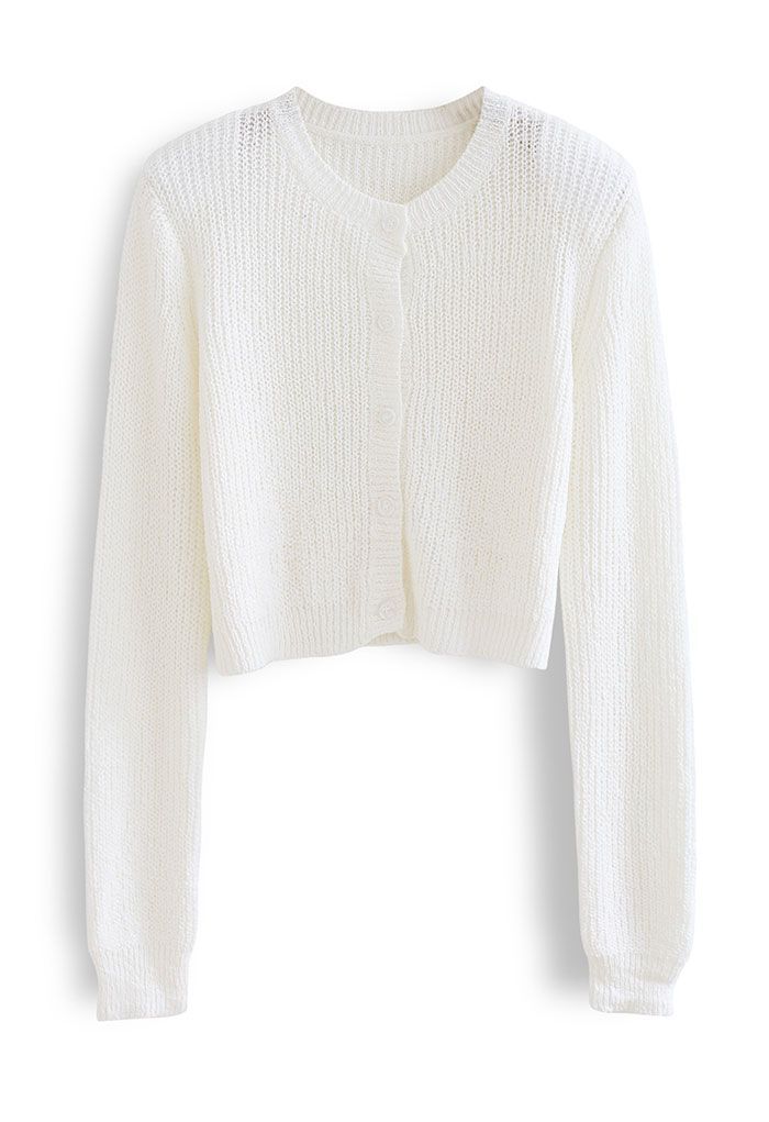 Padded Shoulder Button Down Crop Knit Cardigan in White