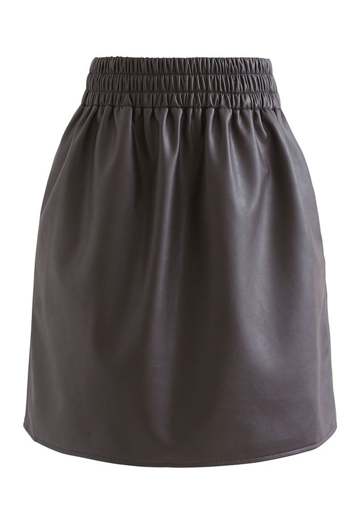 Side and Back Pocket Faux Leather Bud Skirt in Brown