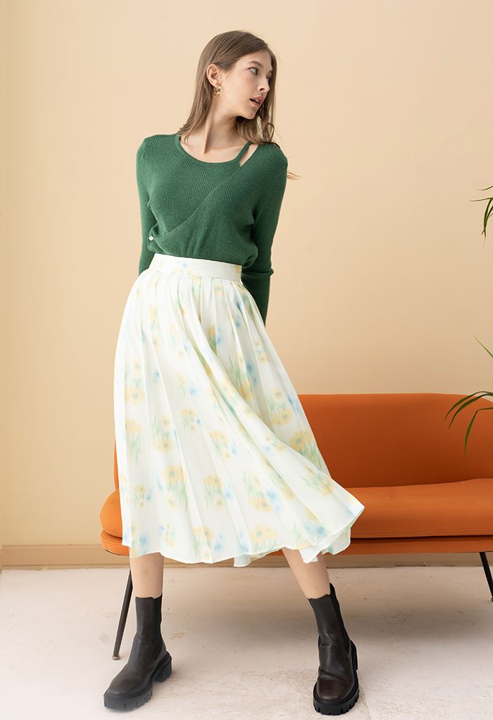 Floral Print Pleated Midi Skirt in Yellow