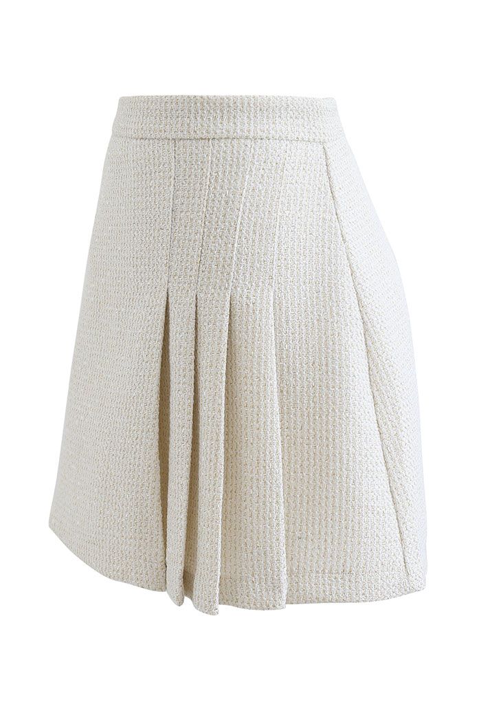 Shimmer Metallic Pleated Tweed Mini Skirt in Cream