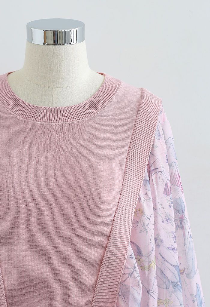 Exaggerated Batwing Mesh Sleeve Knit Top in Pink