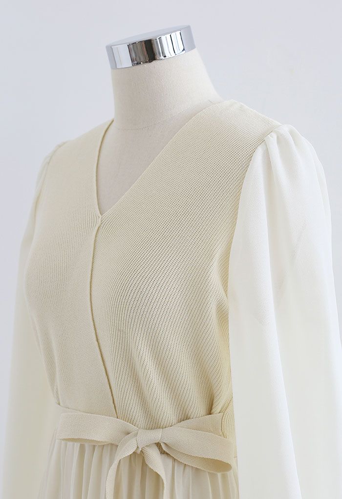 Knit Spliced Self-Tie Pleated Wrap Midi Dress in Cream