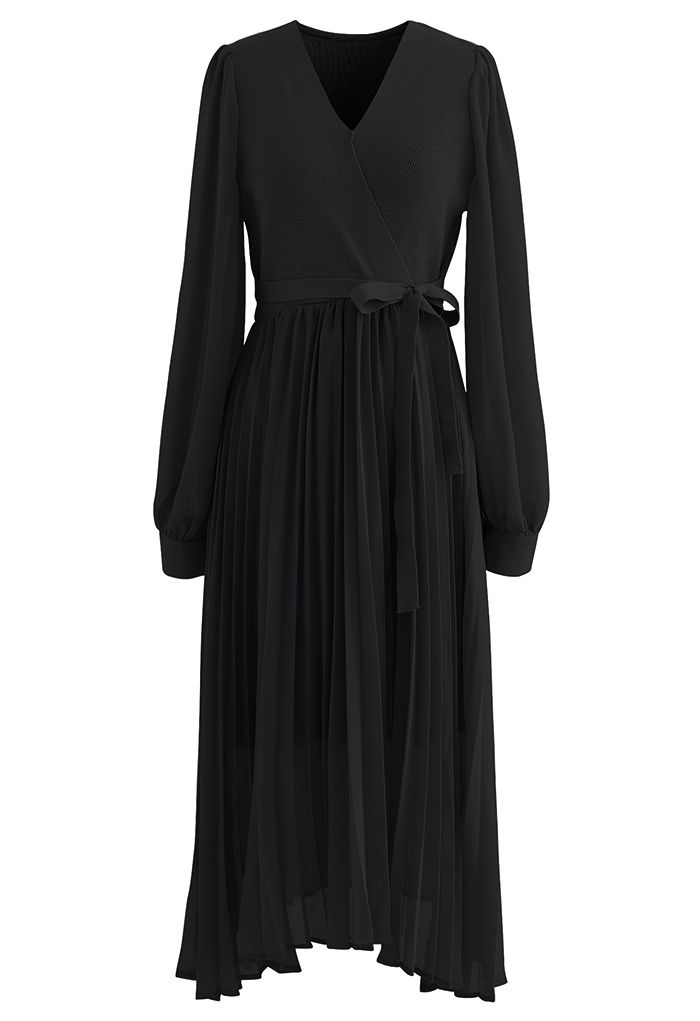 Knit Spliced Self-Tie Pleated Wrap Midi Dress in Black