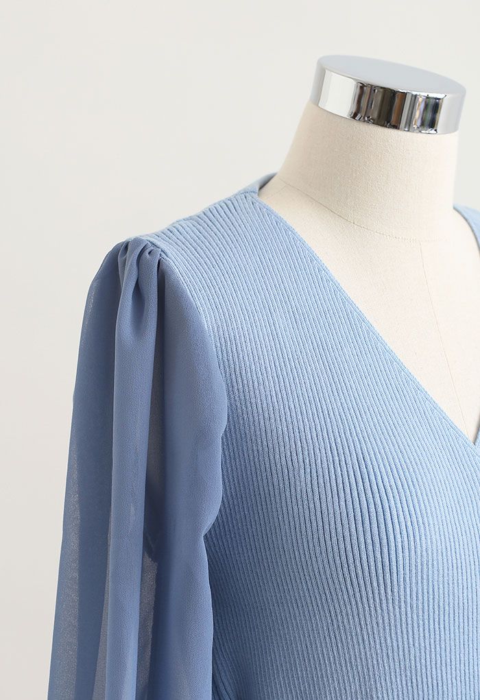 Knit Spliced Self-Tie Pleated Wrap Midi Dress in Blue