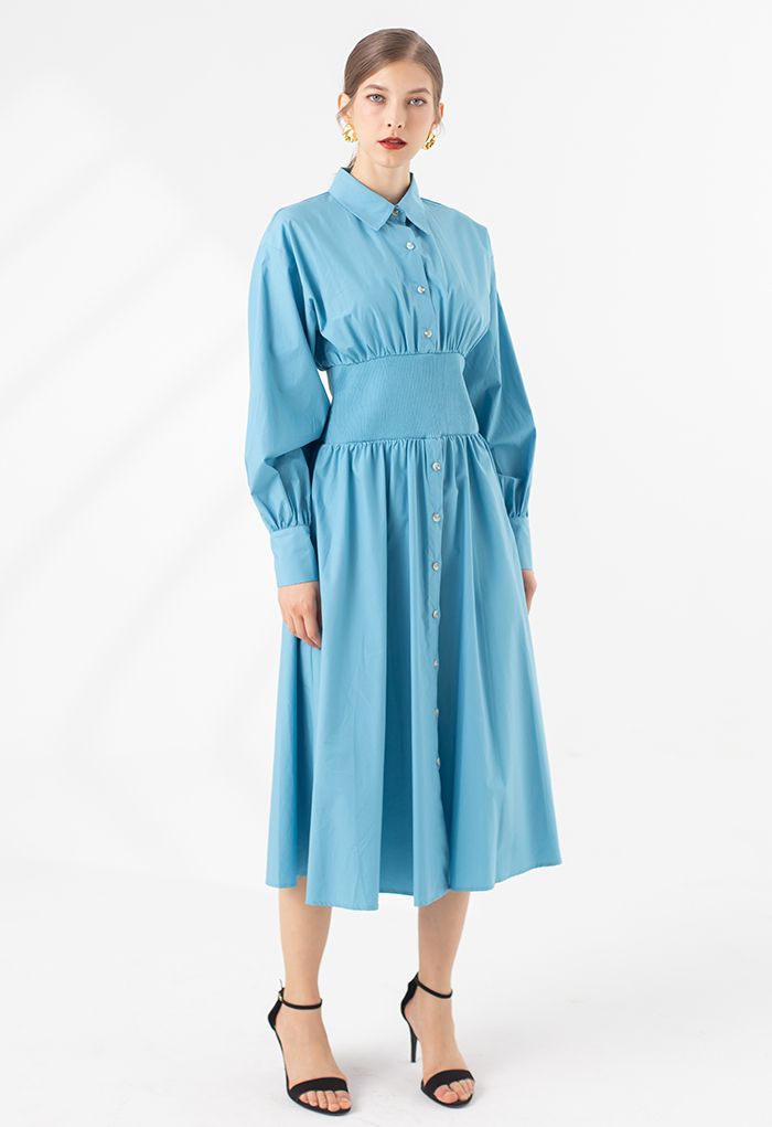 Button Down Cotton Shirt Dress in Blue