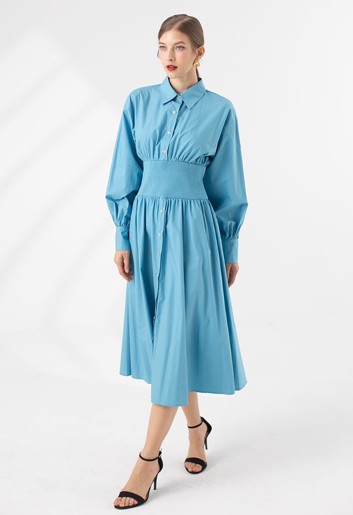 Button Down Cotton Shirt Dress in Blue