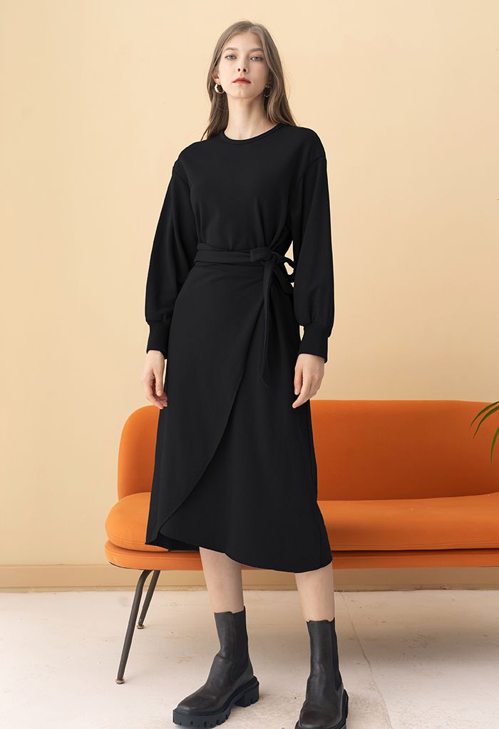 Self-Tie Flap Front Midi Dress in Black