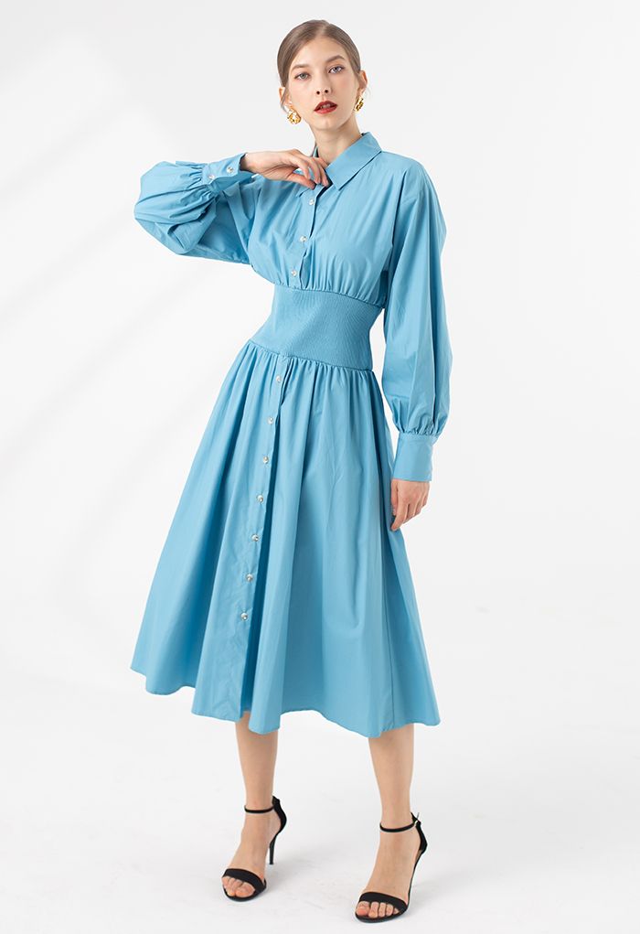 Button Down Cotton Shirt Dress in Blue