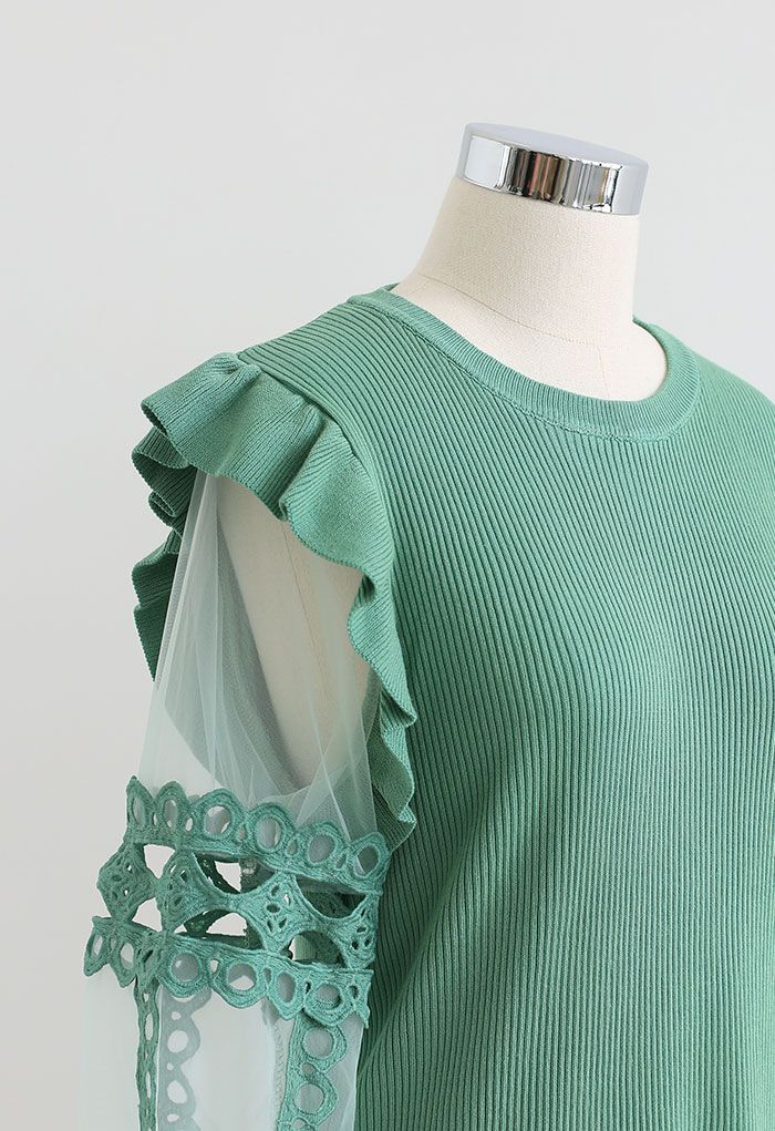 Lace-Adorned Mesh Sleeve Knit Top in Green